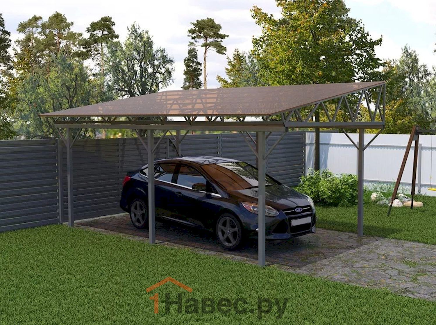 Односкатный навес-гараж из поликарбоната